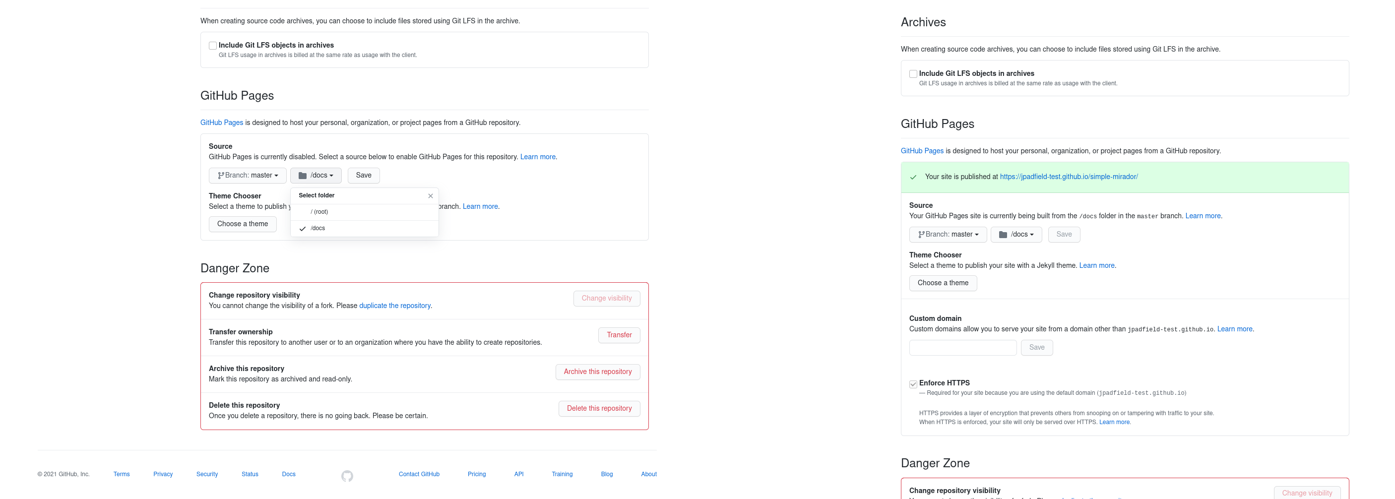 Example screenshots of the GitHub Pages section of the Settings page.